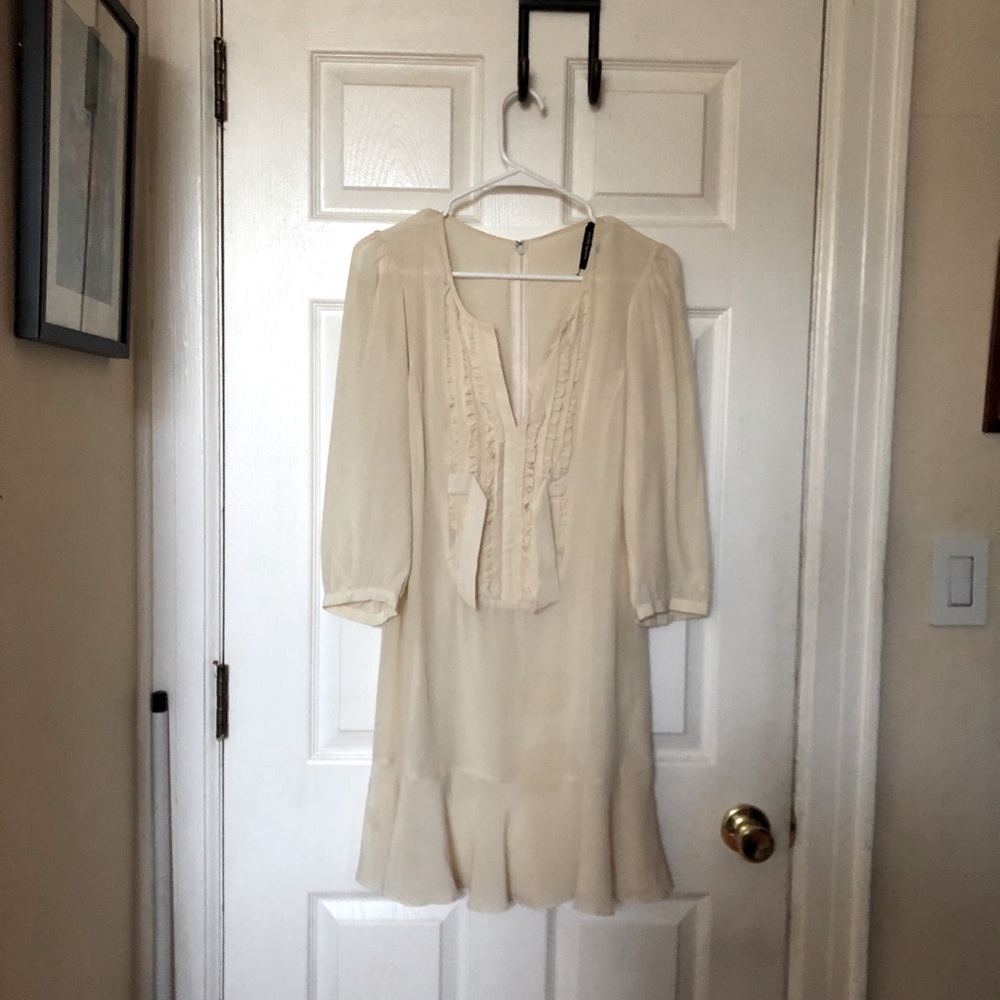 Rebecca Taylor Cream Silk Tie Waist Fluter Balloon Sleeve Short Lined Dress 0